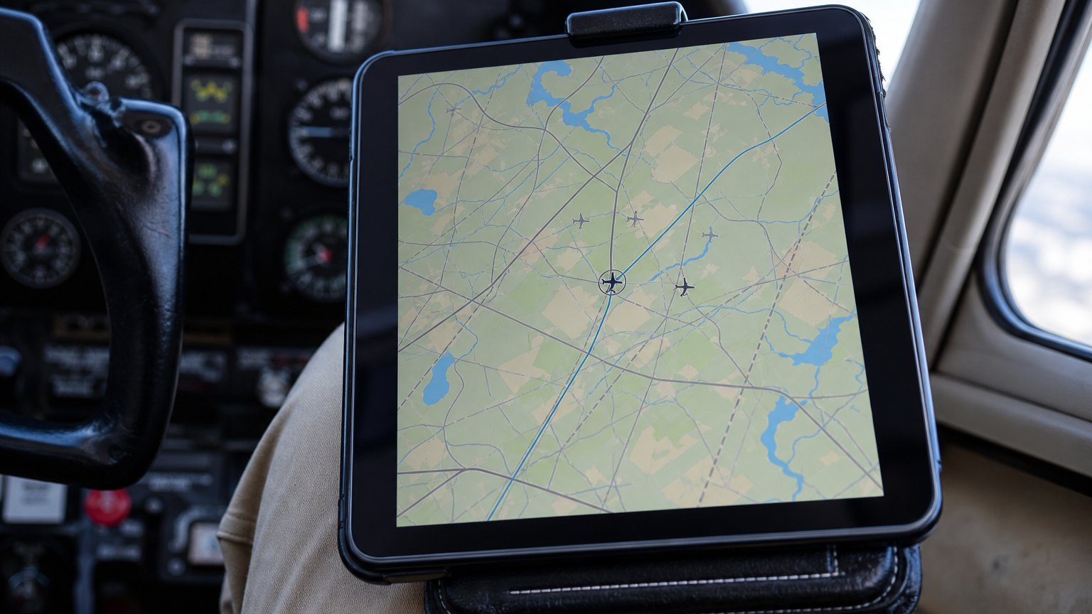 Tablet on a cockpit kneeboard showing a simplified aircraft traffic map