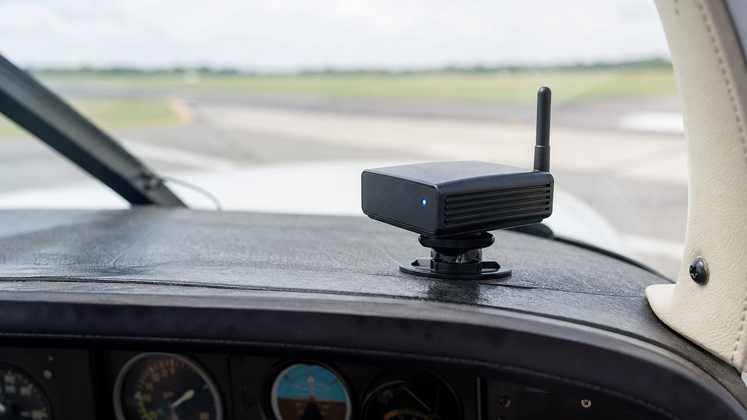 Portable ADS-B In receiver mounted on a small aircraft glare shield