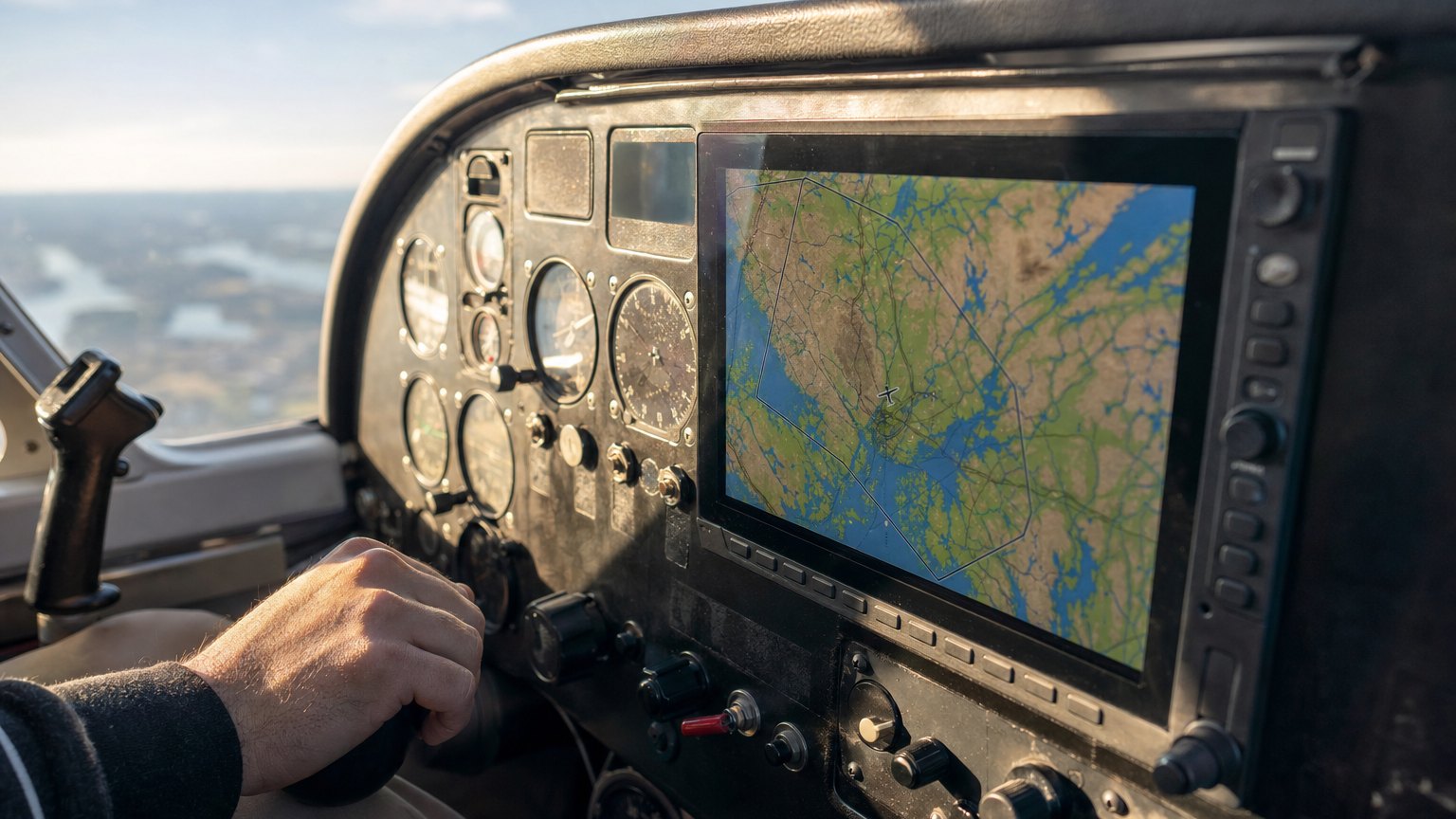 Pilot's hand near a cockpit avionics display showing aircraft traffic information
